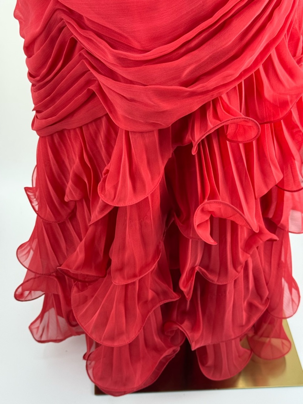 Dalia MacPhee Red One Shoulder Ruffle  Evening Gown Ruched Chiffon Formal  Dress - Picture 11 of 16